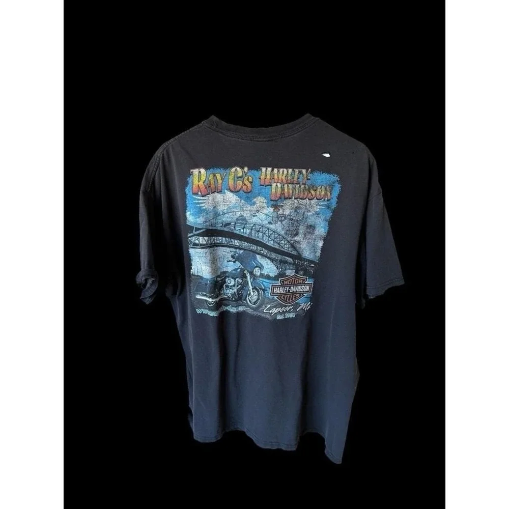 Vintage Y2K Harley Davidson Skull Black‎ T Shirt Men's XXL Biker Thrashed *flaws